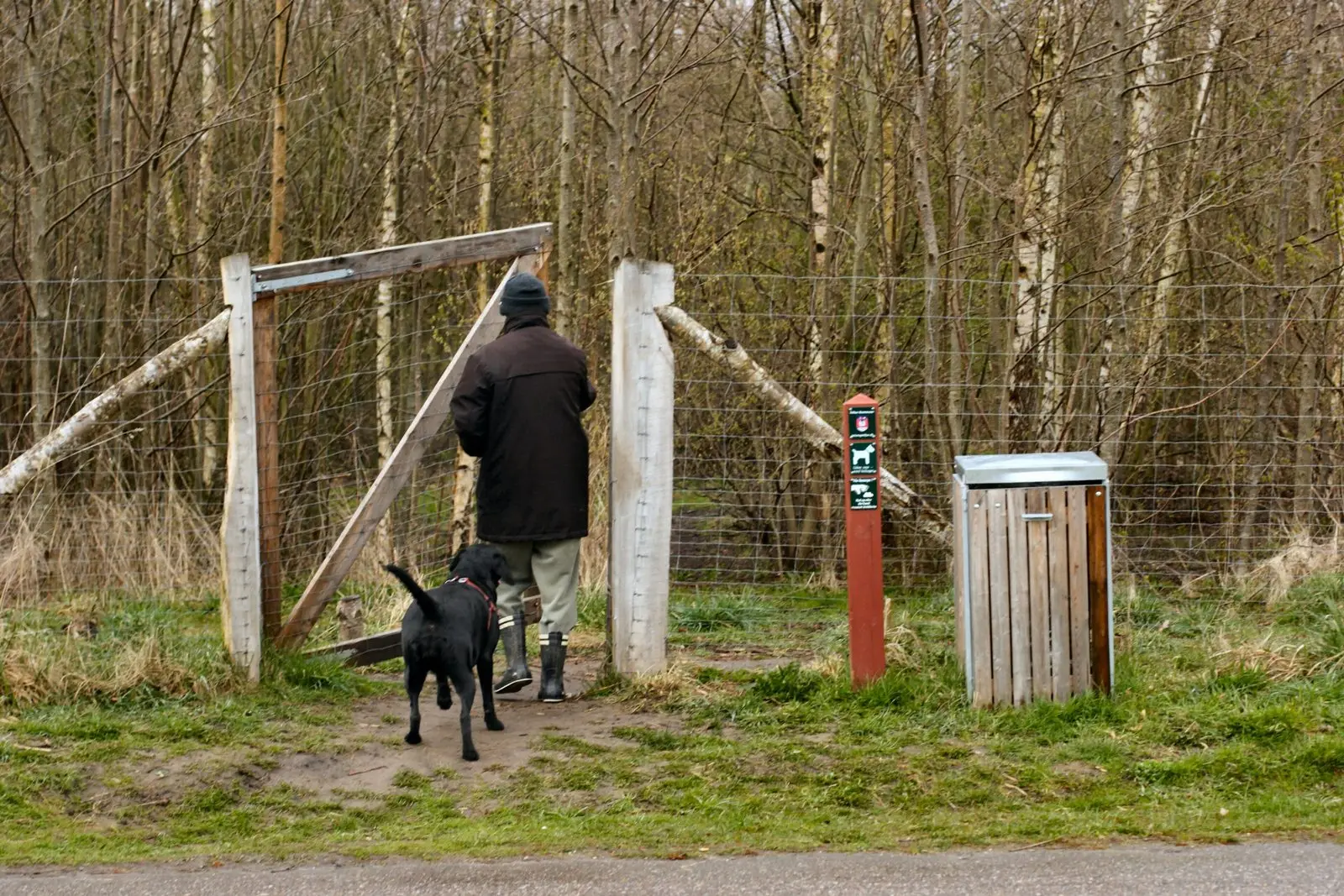 Hund und Halter (von hinten) am Tor einer Hundeskov im Mollerup Skov bei Aarhus