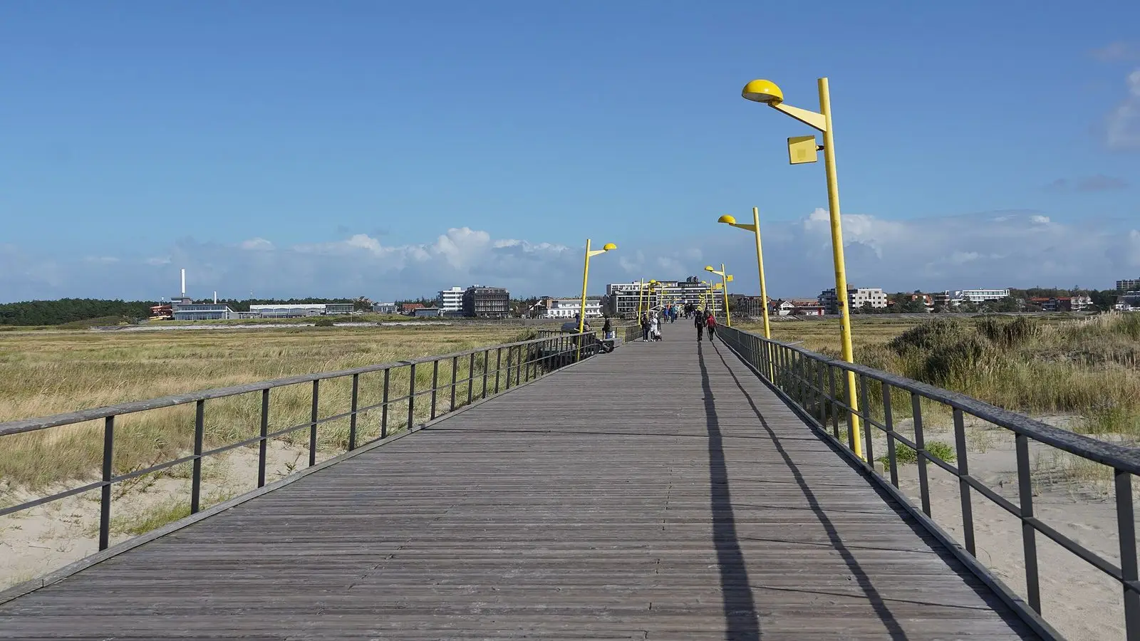 Holzsteg der Seebrücke Sankt Peter-Ording durch Dünen und Salzwiesen zum Strand