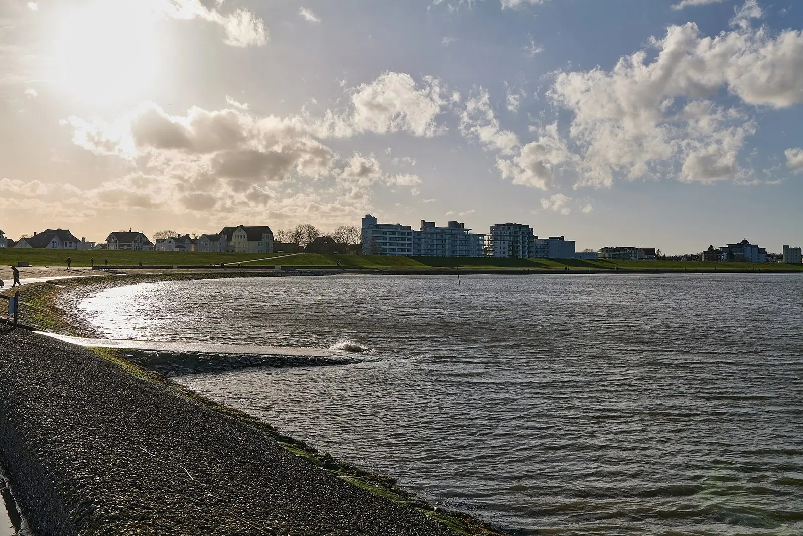 Deich und Wasser der Grimmershörnbucht in Cuxhaven mit Blick auf den Ort